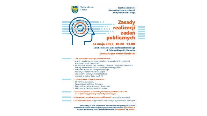 Plakat dotyczący bezpłatnego szkolenia dla organizacji pozarządowych z województwa śląskiego mat.pras
